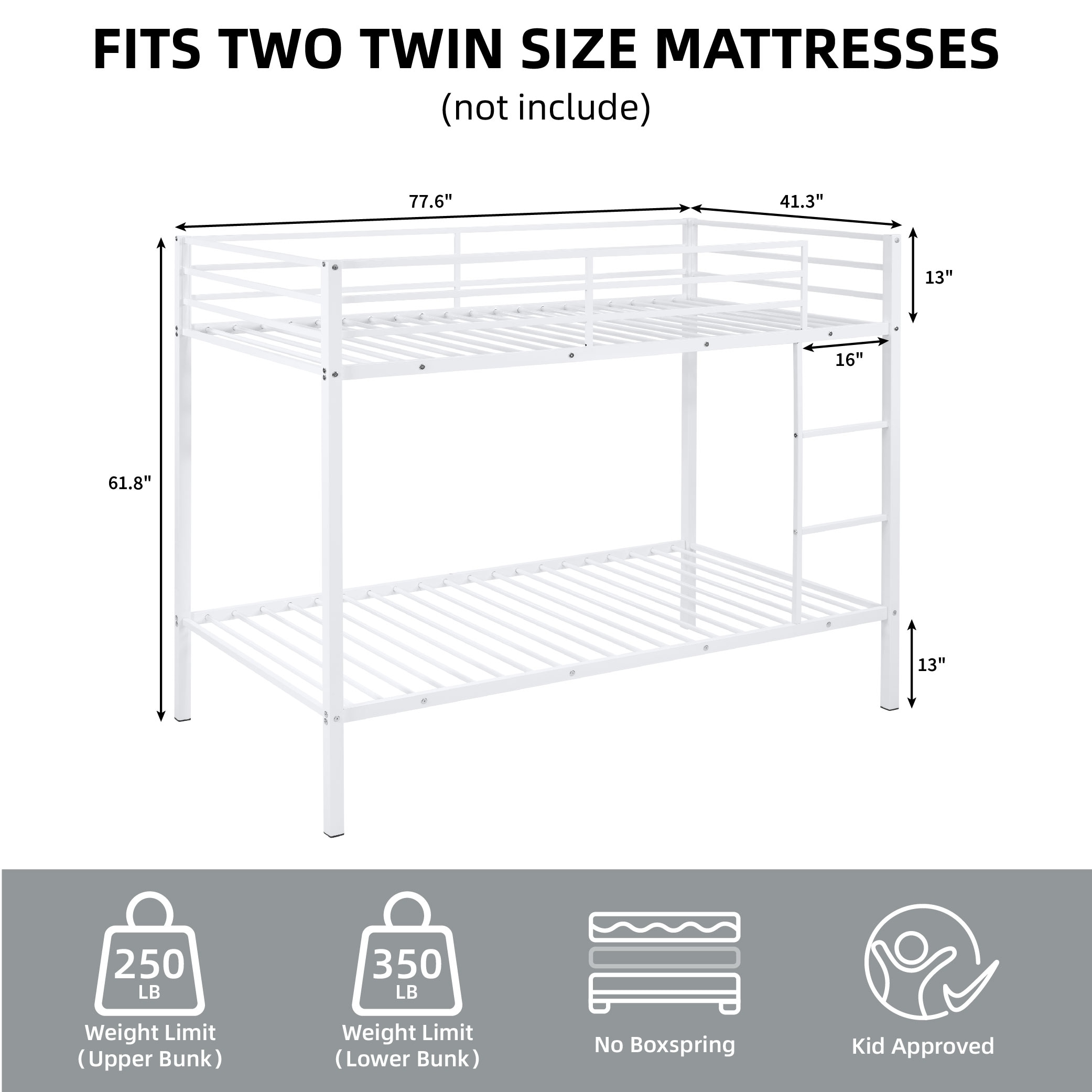 Metal Bunk Bed Twin Over Twin, Low Profile Bunk Bed Frame withBuilt-in Ladder, High Guardrail and Metal Slats, Space-Saving Twin Size Bed Frame for Kids Teens, No Box Spring Required, White Metal Bunk Bed Twin Over Twin, Low Profile Bunk Bed Frame withBuilt-in Ladder, High Guardrail and Metal Slats, Space-Saving Twin Size Bed Frame for Kids Teens, No Box Spring Required, White